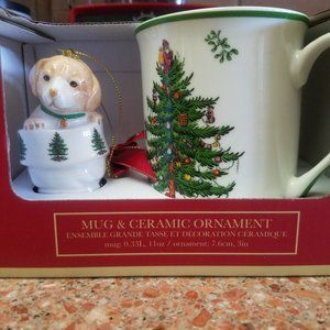 Spode Christmas Tree Mug and Puppy Ornament Set - NWT